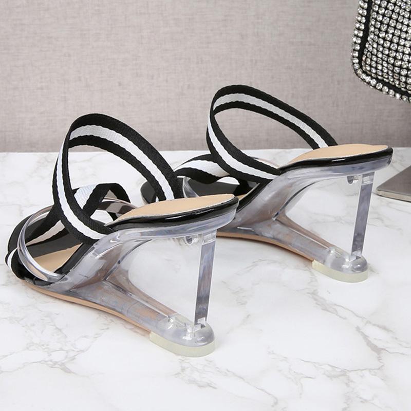 Women's Shoes Summer New Sexy Striped Cross High Heel Crystal Wedge Slippers Simple 1098 Series 8cm Heel LFD