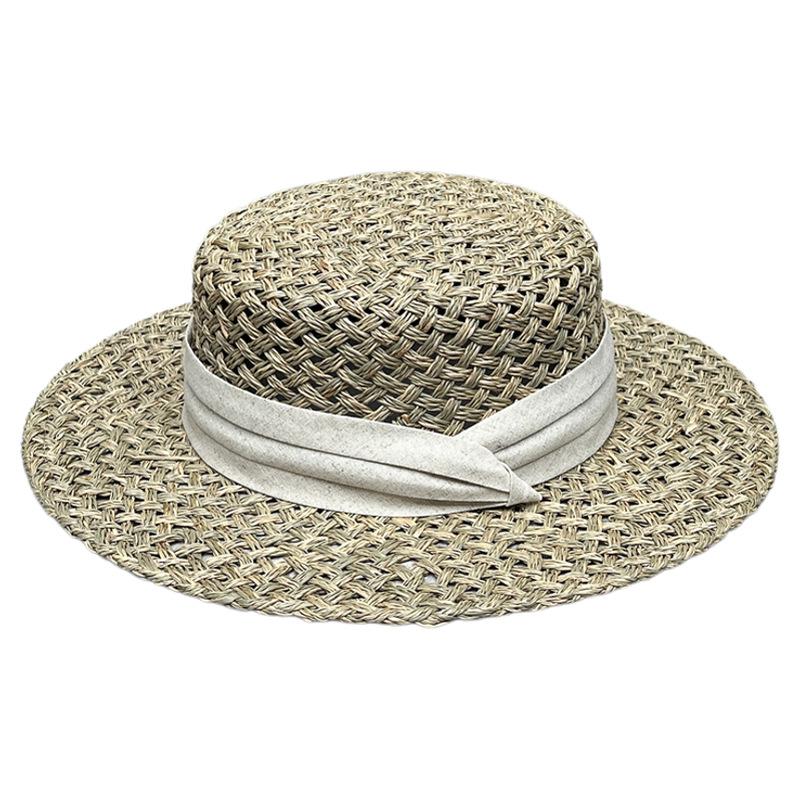 Old Money Flavor Strong Summer Big Eaves Natural Salty Grass Woven Flat Top Sun Hat French Retro Straw Hat Female Film Artifact