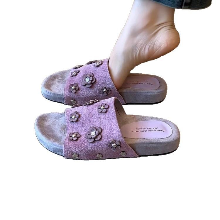 Leather retro flower open-toed cool slippers women wear summer new suede thick-soled versatile sandals