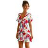 Women Fashion Printed Dress Short Sleeve V-neck Mini Dress Flouncing Hem Bow-tied Summer Dress