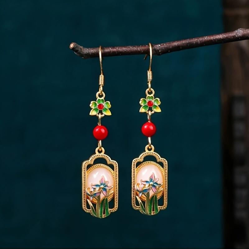 1 Pair Vintage Tribal Style 24K Golden Plated Copper Enamel Floral Dangle Earrings with Red Rose & Cherry Blossom Design, Glass Mosaic, 925 Sterling S