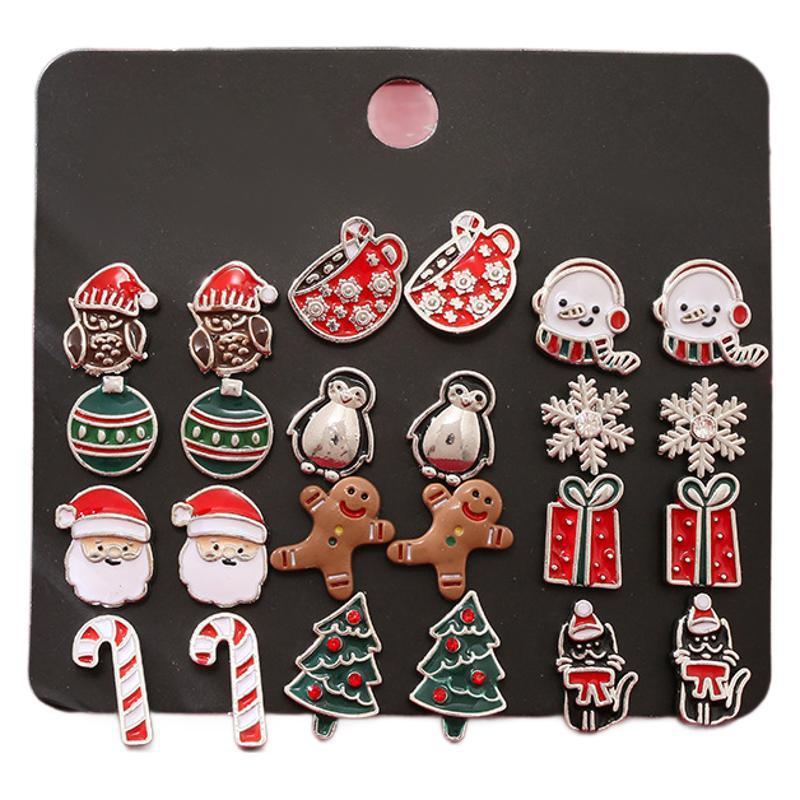 Cute Christmas Theme Snowflake Santa Claus Stud Earrings for Women Xmas Tree Bowknot Crutch Gingerbread Festival Jewelry Gift