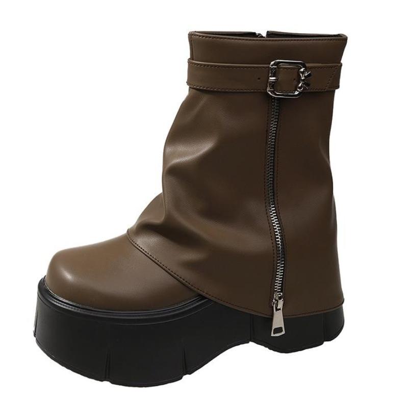 Fashion Women High Platform Ankle Boots Autumn Winter Gothic Style Leather Shoes Buckle Punk Motorcycle Boots Round Toe Chunky Sneakers