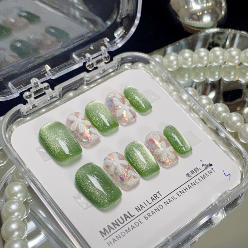 

Hand-Painted Green Cat Eye Floral False Nail Tips Large