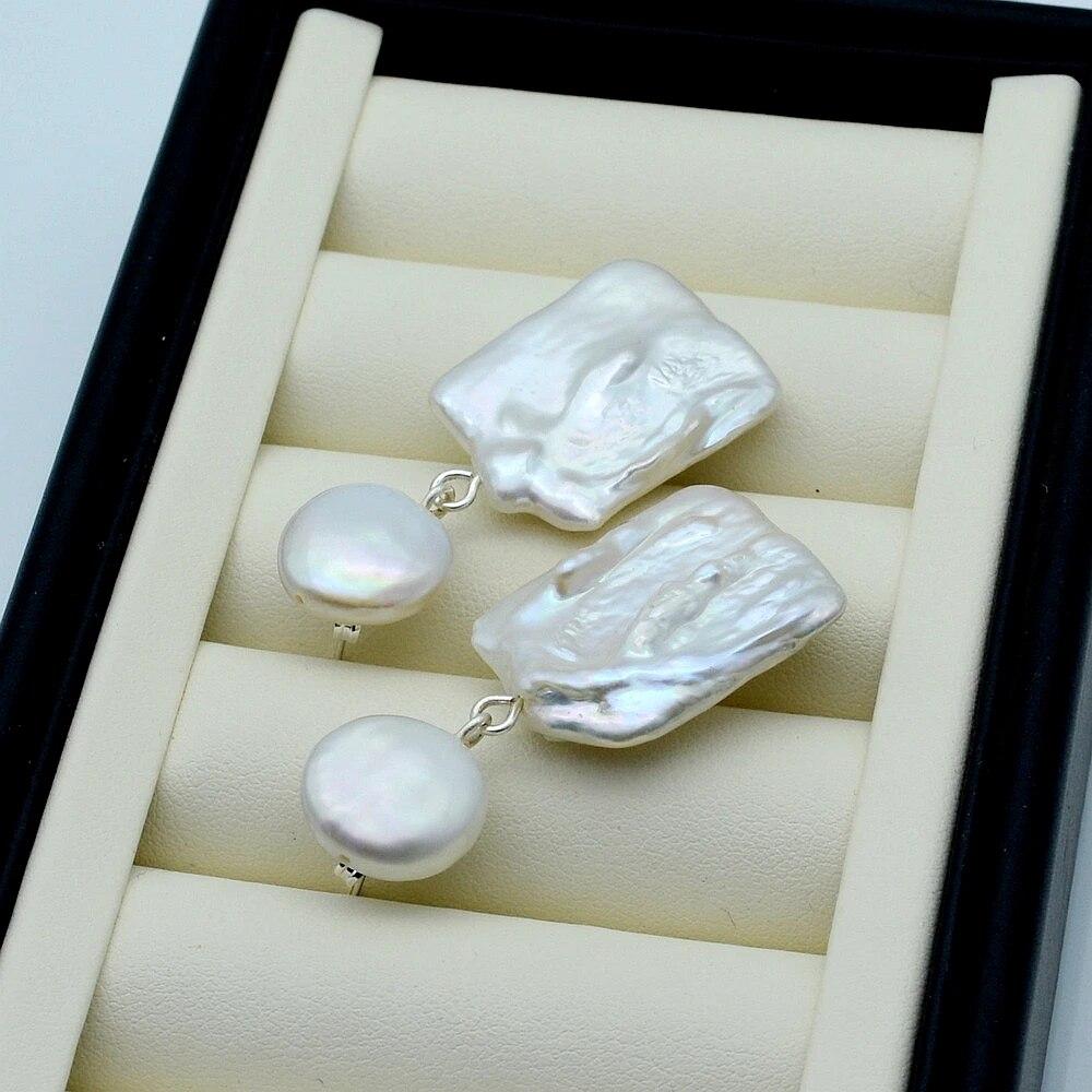 Women's Earrings White Large Square Pearl Design Earrings Baroque Pendant Double Beads Vintage Pearl Earrings