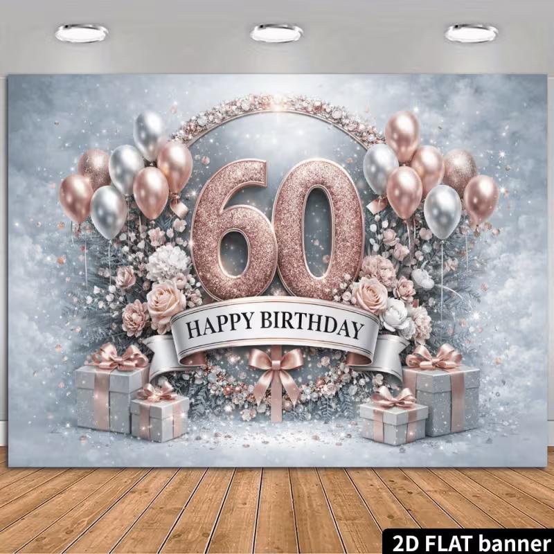 Striscione Decorativo 2D Elegante Palloncino Oro Rosa & Floreale per 60° Compleanno