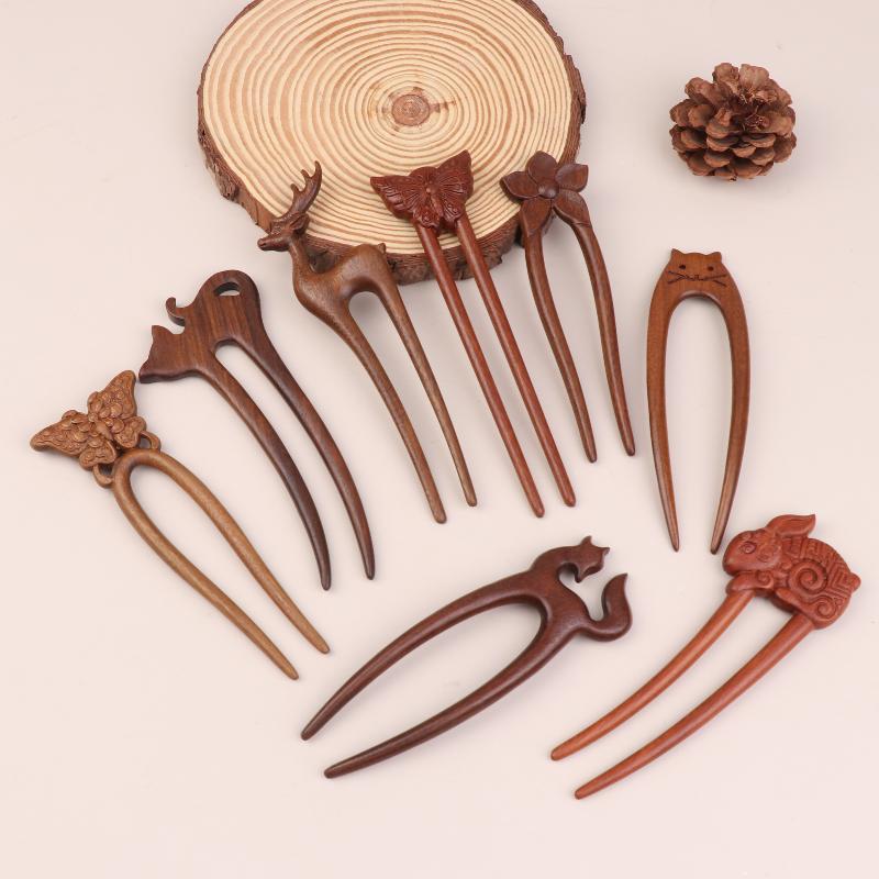 Wooden Hair Stick U-Shaped Hair Fork Cat Butterfly Chinese Style Hairpin Headwear Girl Hair Accessories