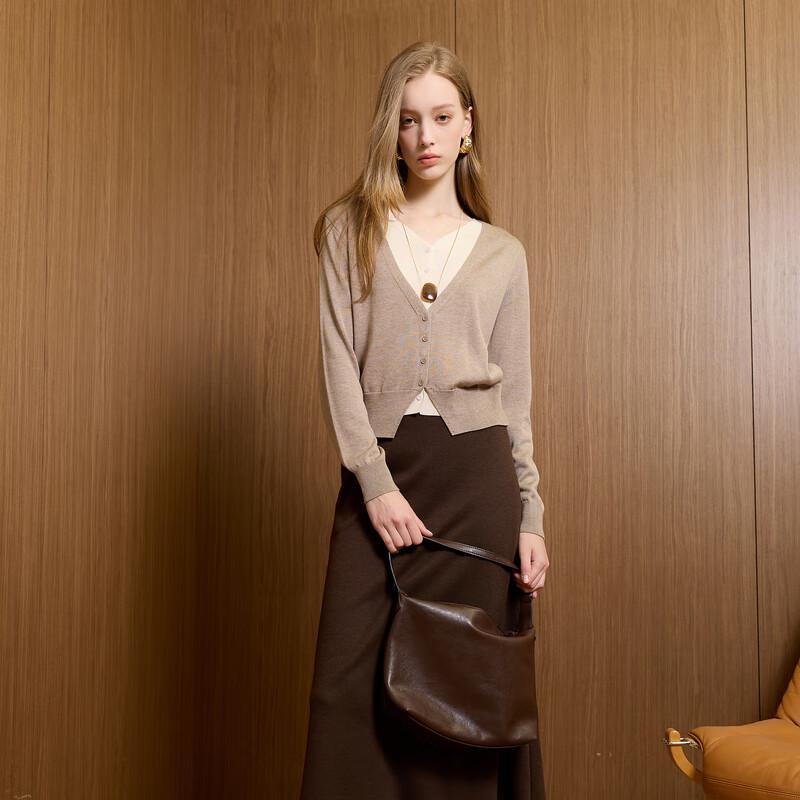 SanCai 2025 Fall V-Neck Faux Two-Piece Knit Top