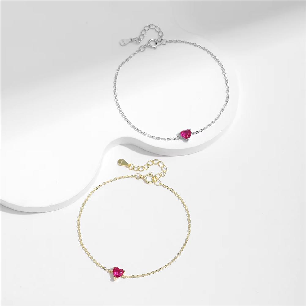 Romantic Rose Red Zircon Heart Bracelet 925 Sterling Silver Link Chain Bracelet for Women Fine Jewelry Accessories