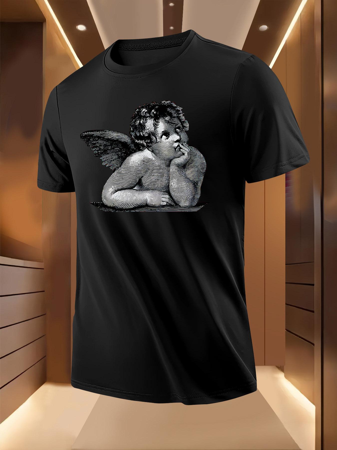 Black White Angel Print Tshirt - Breathable Lightweight P... XXXXL