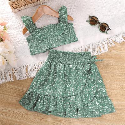 (ქუნიდი) საბავშვო ტანსაცმლის კომპლექტი კოსტიუმები გოგონებისთვის საზაფხულო ახალი ჩვილის ყვავილების პრინტით ტანკის ზედა მოკლე კალთები საბავშვო ტანსაცმელი 4-7 წელი