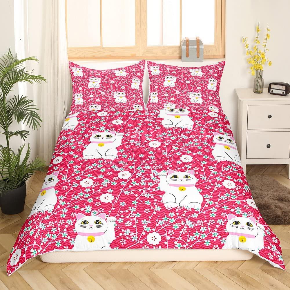 Maneki Duvet Cover Set,Japanese Lucky Cat Duvet Cover Neko Gold Coin Japanese Style Cute Bedding Set Cat Comforter Cover 2/3pcs