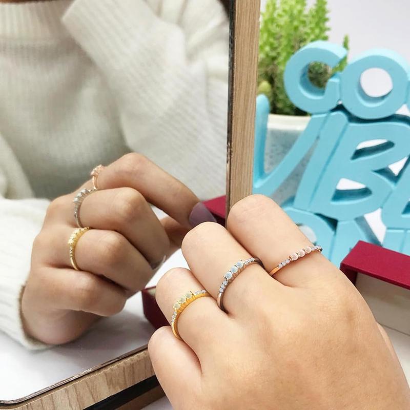 Huitan Trendy Shiny Zirconia Thin Ring Lady Versatile Finger Jewelry for Women Simulated Opal Finger Accessories for Daily Wear