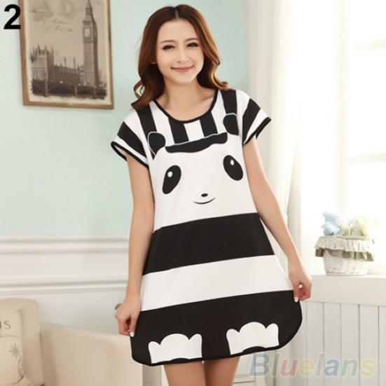 Cute Women Cartoon Panda Sleepwear Pajamas Short Sleeve Sleepshirt Nightdress