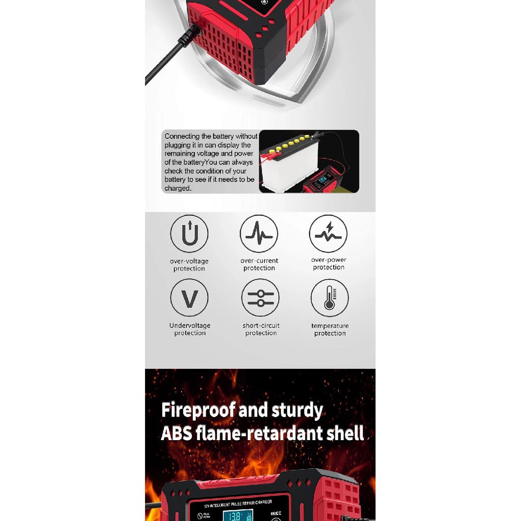 6A 12V Intelligent Car Battery Charger Car and Motorcycle Battery Charging Unit Lead-Acid Battery Repair LCD Display