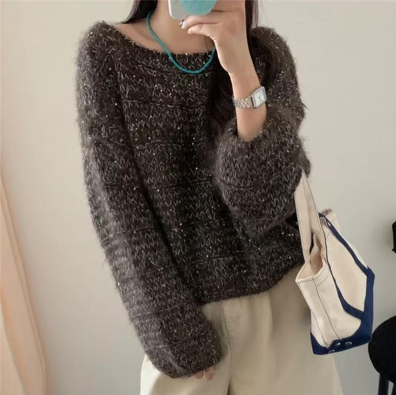 

Korean High-End Loose Fit Round Neck Solid Color Long Sleeve Knit Sweater for Women One Size