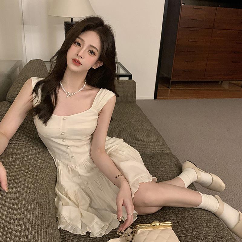 Coffee Break French First Love Sleeveless Square Neck Suspender Dress Women Small Waist Cover Hips Skinny A-word Medium Dress