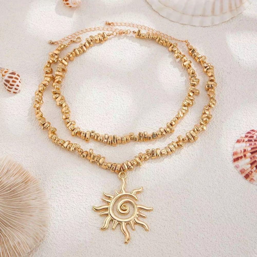 Imitation Pearl Sunflower Pendant Exquisite Beads Chain Choker Jewelry Multilayer  Necklace  Girls