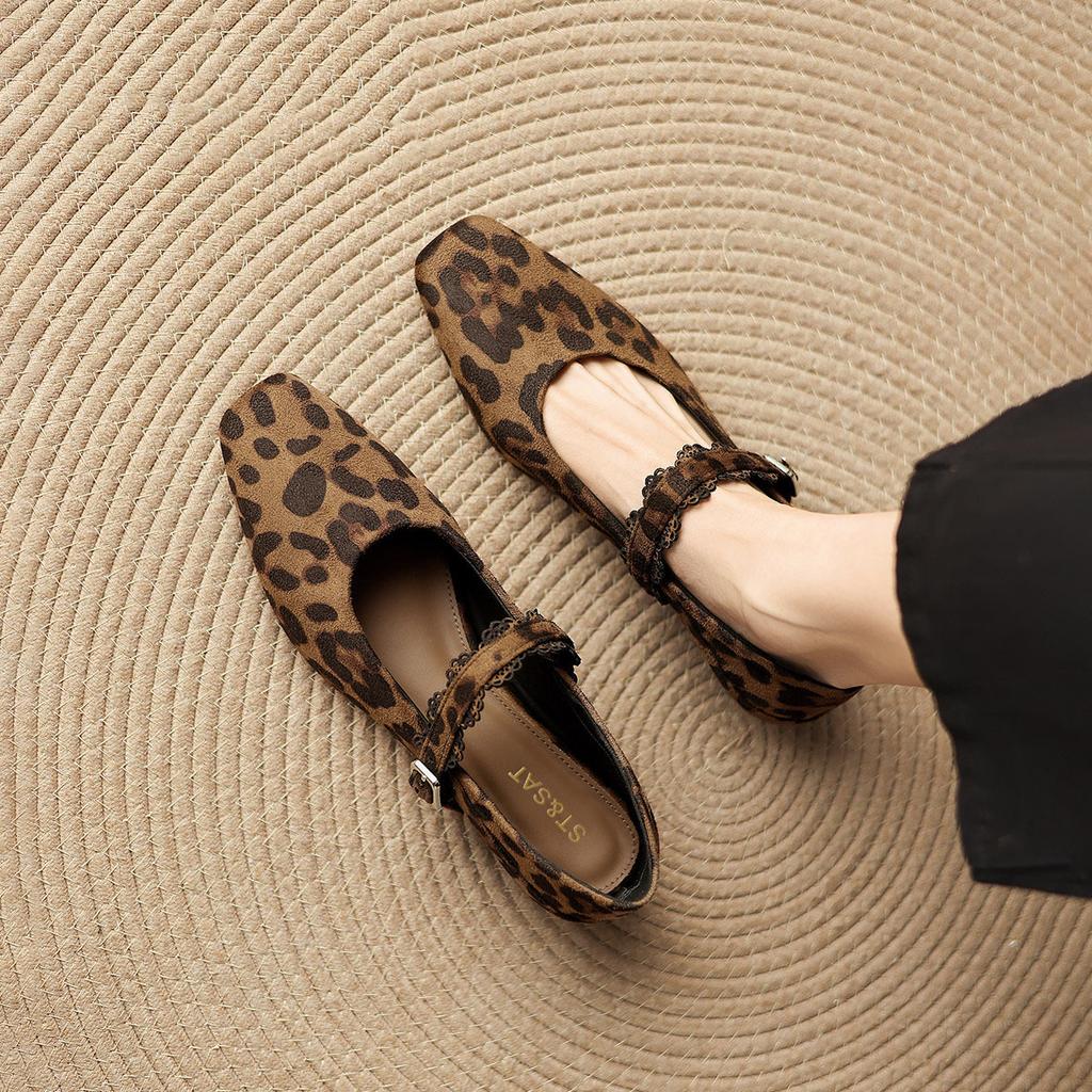 Premium Leopard Print Light Mouth Single Shoes Women's 2026 Spring New Retro Mary Jane Women's Shoes Square Head Versatile Small Leather Shoes