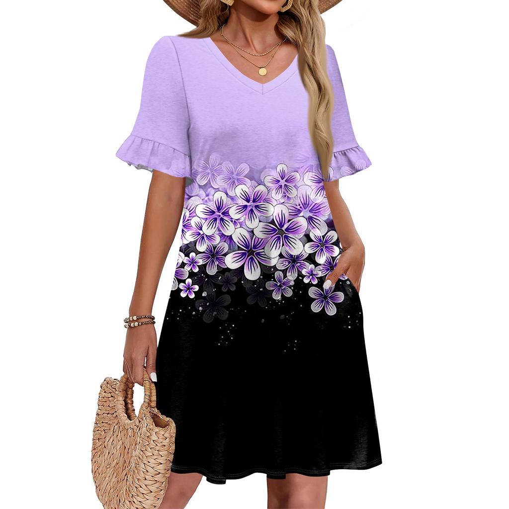 Women A Line Sun Dress Short Sleeve V Neck Printed Dress With Pockets