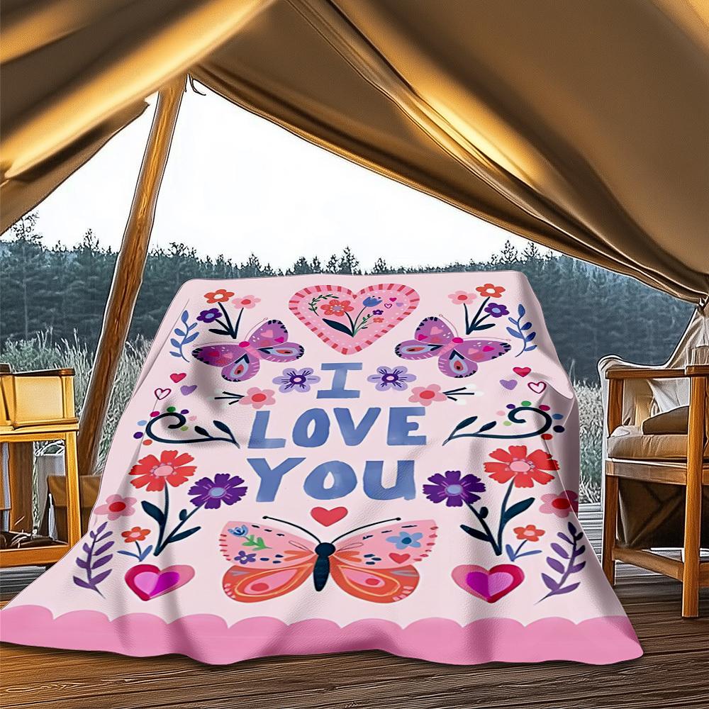 1pc Butterfly Love Flowers Heart Outdoor Flannel Blanket , Machine Washable Perfect Gift for Birthday , Holiday Travel Accessory , Durable Material
