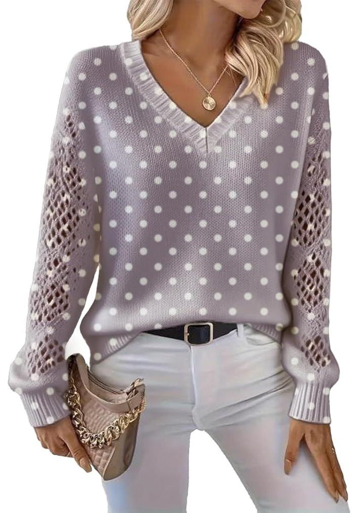 V-Neck Eyelet Print Sweater - Style HS-LY52