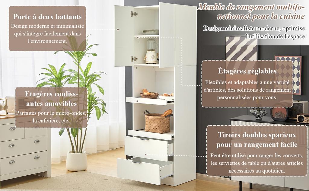 200cm High Kitchen Cabinets, Tall Cabinets with Anti-Tip Protection, Freestanding Multifunctional Cabinets for Dining Room, Living Room White
