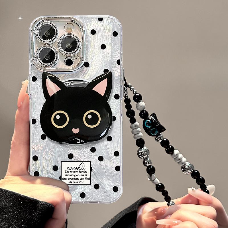 

Black Cat Bracket Bracelet Suitable for Apple 16 Magnetic Feather Yarn Mobile Phone Case 13promax Fine Hole 15 Anti-fall 14 iPhone 11 Pro Max