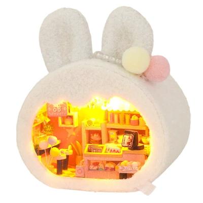 Moin Moin Dollhouse Miniature Handmade Kit Set Fluffy Animal Face House Rabbit White Cafe Cake Shop Beginner Pompom Making Interior LED Light