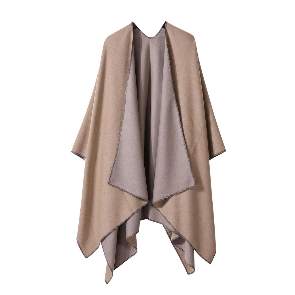 Women's European & American Double-Sided Solid Color Cape Shawl with Striped Edge
