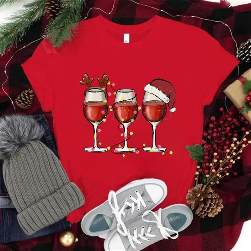 Women Wine Glass Christmas Hats T Shirt Lights Xmas Gifts Cartoon Top Happy New Year Tshirt Harajuku Fashion Womens Clothing