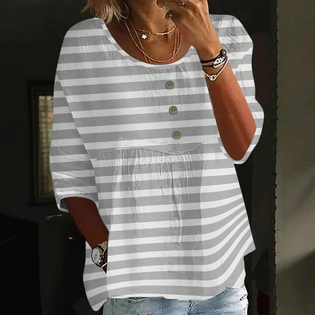 Damen Casual Mode Dreiviertelarm Locker Rundhals Knopf Karoprint Oberteil