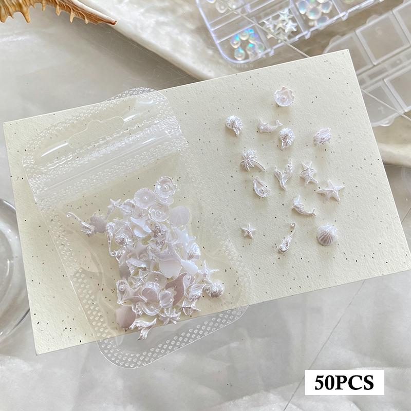 50Pcs Ocean Nail Art Charms Aurora Shell Starfish Mermaid Tail Nail Art Decors Gem Beach  Ice Clear Nail Decorations