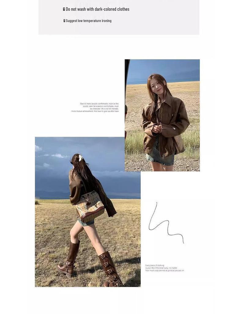 Women's Brown PU Leather Retro Motorcycle Jacket for Spring & Autumn