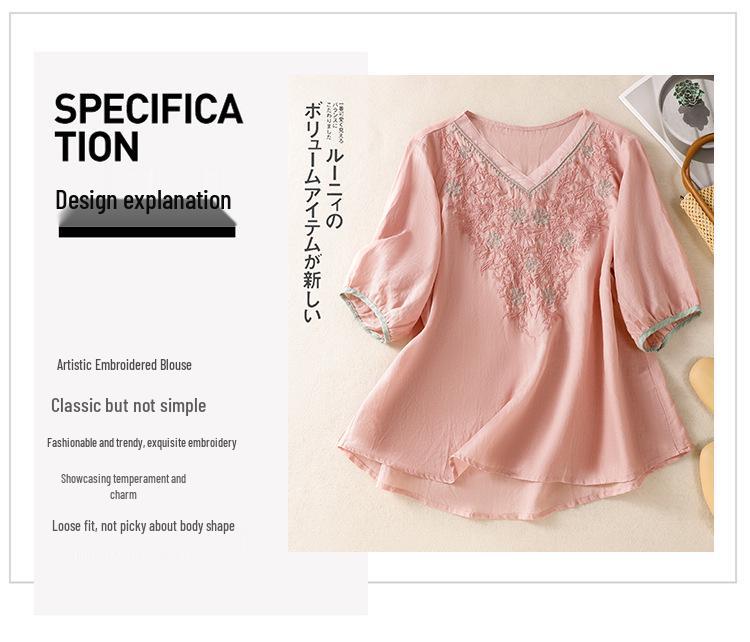 2025 Women's Summer Cotton Linen Embroidered V-Neck Loose Retro Pullover Shirt