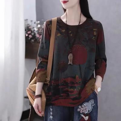 Women Spring Design Printed Knit Sweatshirt Round Neck Autumn Top