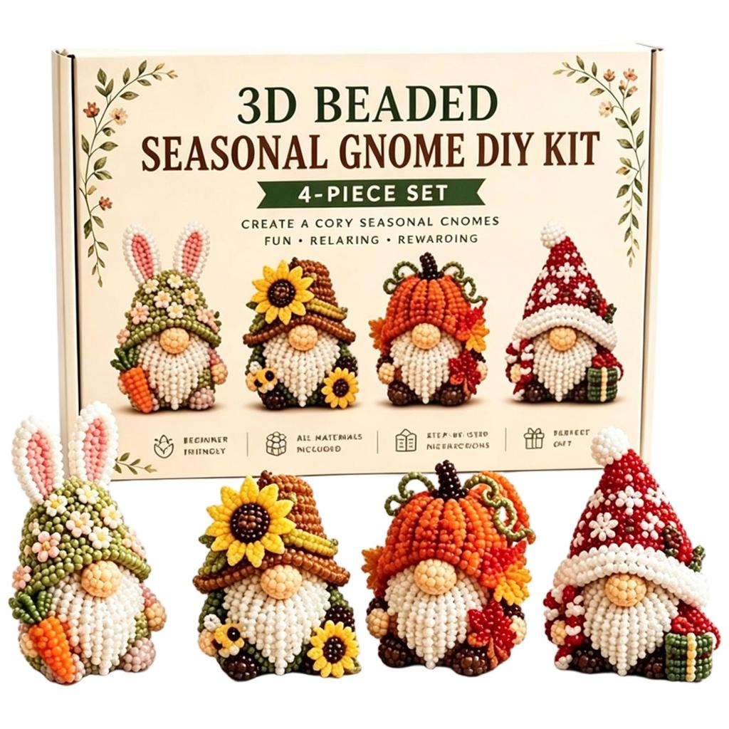 3D Beaded Bird Gnome DIY Kit 4-Piece Set Includes Step-by-Step Instructions Materials and Tools for Crafting Detailed Miniature Gnome Figures