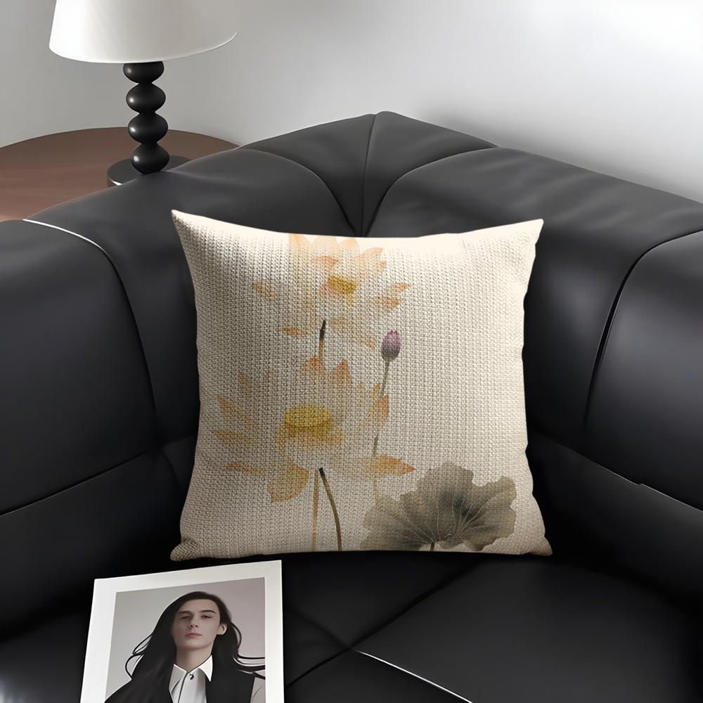 

Golden Lotus Luxury Cushion Cover Natural Linen Organic Fabric DoubleSided Printing Sofa Home Decor Gift Pillow Case 30x30cm