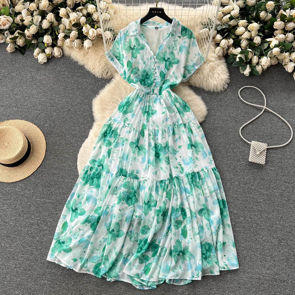

Платье в праздничном стиле из французского шифона с принтом, женское, летнее, с завышенной талией, элегантное, с широкими качелями, юбка А-силуэта One size зелёный