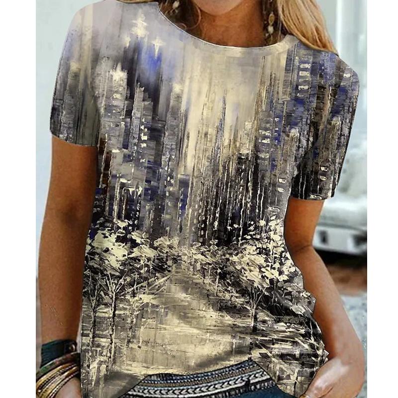 Dame Sommer T-skjorte Trendtrykk Retro Mote Kortermet Tees Casual Trykte Topper