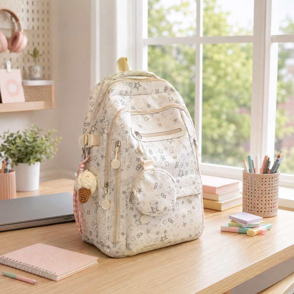 Large Capacity School Backpack with Pendant Charm for Students, Travel and Daily Use