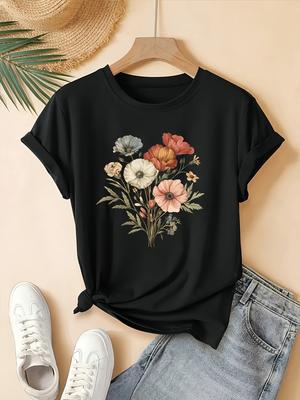 Women's Vintage Floral Print T-Shirt Beige Colorful Floral Pattern Round Neck Short Sleeve Casual Top Ladies T Shirts