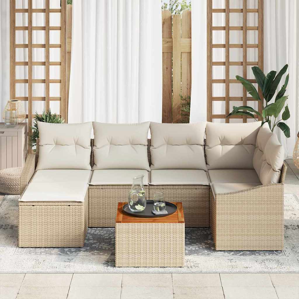 Garden Sofa Set with Cushions 7 Pcs Beige Poly Rattan