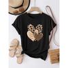 European Size Women'S Black Heart Graphic T-Shirt - Casual Crew Neck Tee with Leopard Print, Lightweight Everyday Top for Spring