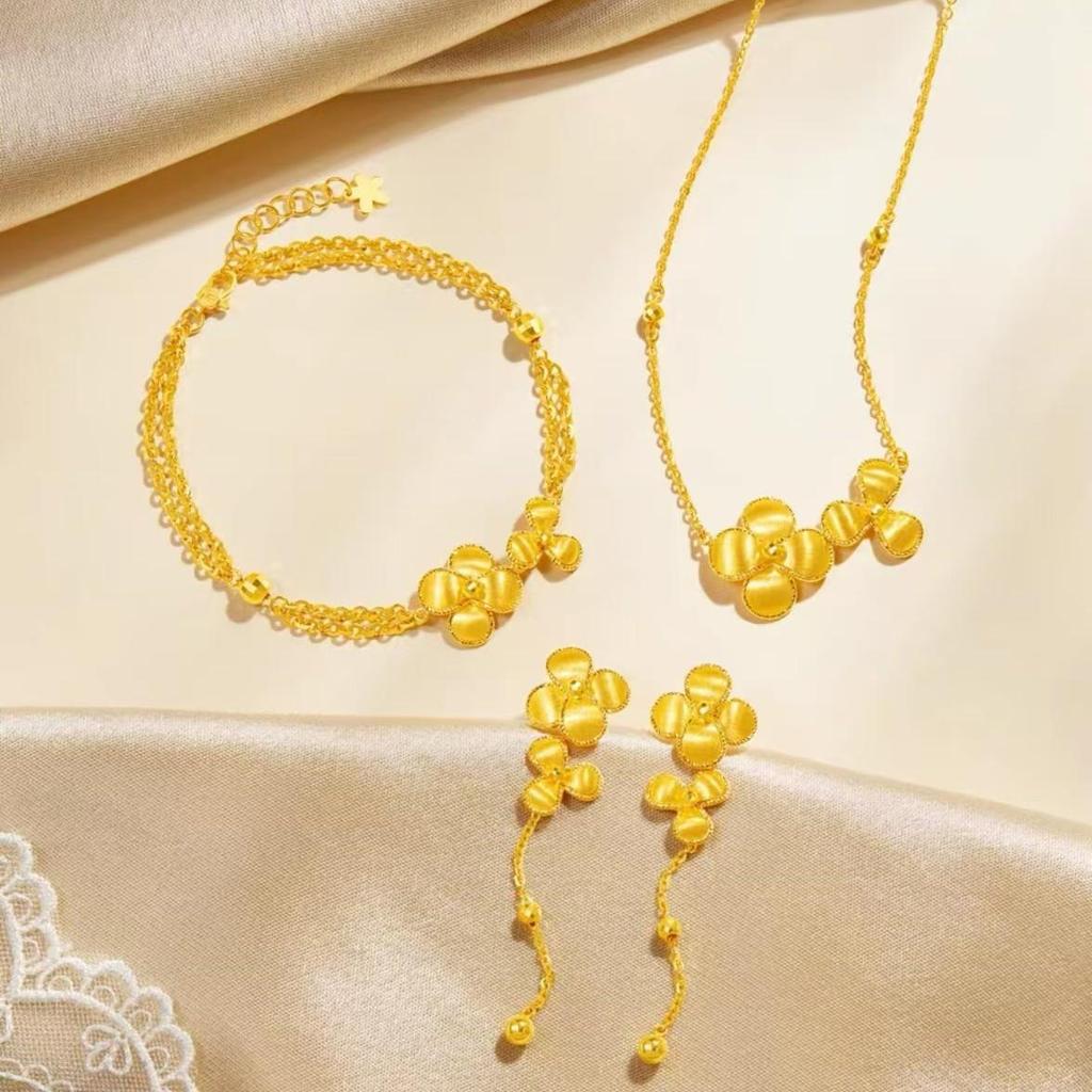 Vietnamese Gold-Tone Necklace Set: Fashion Floral Bracelet, Stud Earrings, Silk-Gold Imitation Pendant