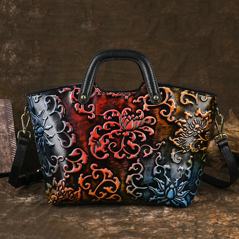 Vintage Chinese Rubbing-Off Color Technique Genuine Leather Women'S Bags Embossed Women'S Bags Leather Bags Premium