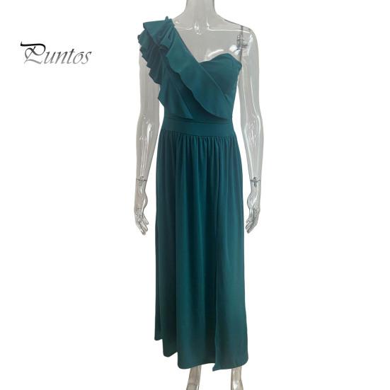 Dámské večerní šaty nařasené na jednom rameni plisované s vysokým pasem jednobarevné bez rukávů střih do A s velkým lemem Prom Cocktail Party Maxi společenské společenské šaty