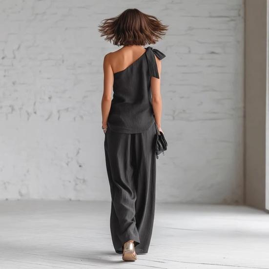 2-teilige Outfits für Damen Sommer One-Shoulder Ärmelloses Oberteil und Weitbeinige Hose Passendes Lounge-Set mit Taschen