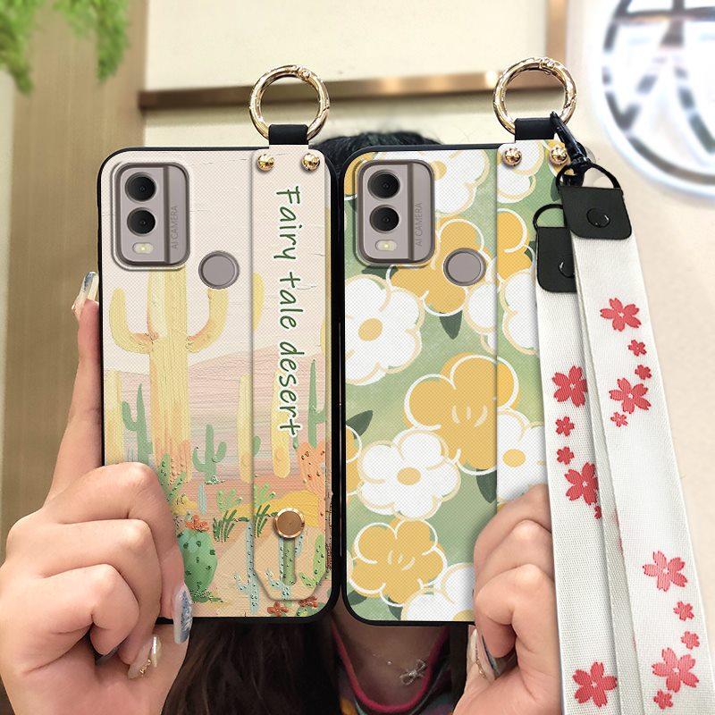 Soft Case Flower Phone Case For Nokia C22 Wristband Durable Ring Waterproof Lanyard Oil Painting Back Cover Silicone