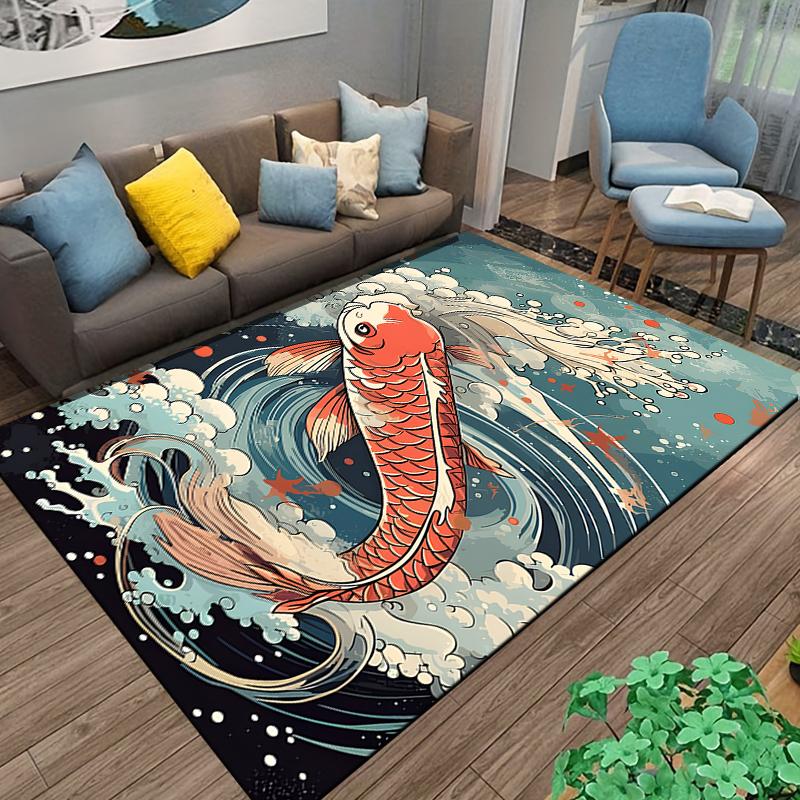Artistic Carpet with Red Koi and Waves Suitable for use as an anti-slip game mat for living room and bedroom sofas